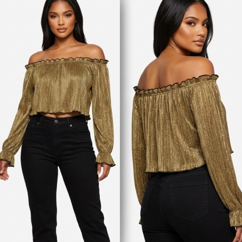 Elegant Gold Off-Shoulder Crop Top